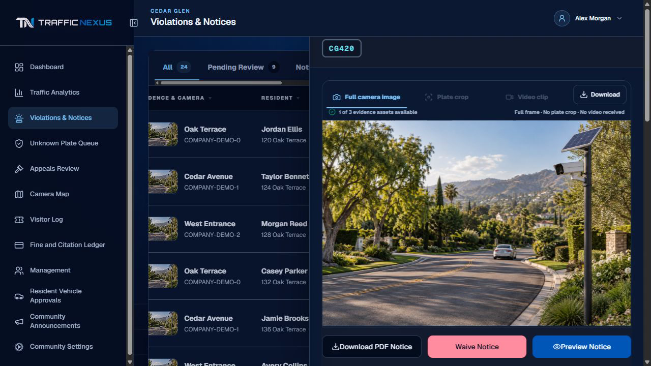 Close-up of the actual Traffic Nexus evidence-review screen using fictional community data