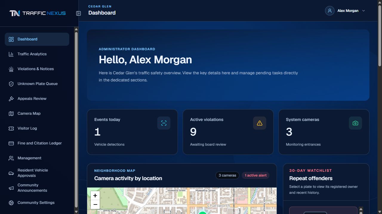 Animated actual Traffic Nexus dashboard, notices and evidence review using fictional Cedar Glen data