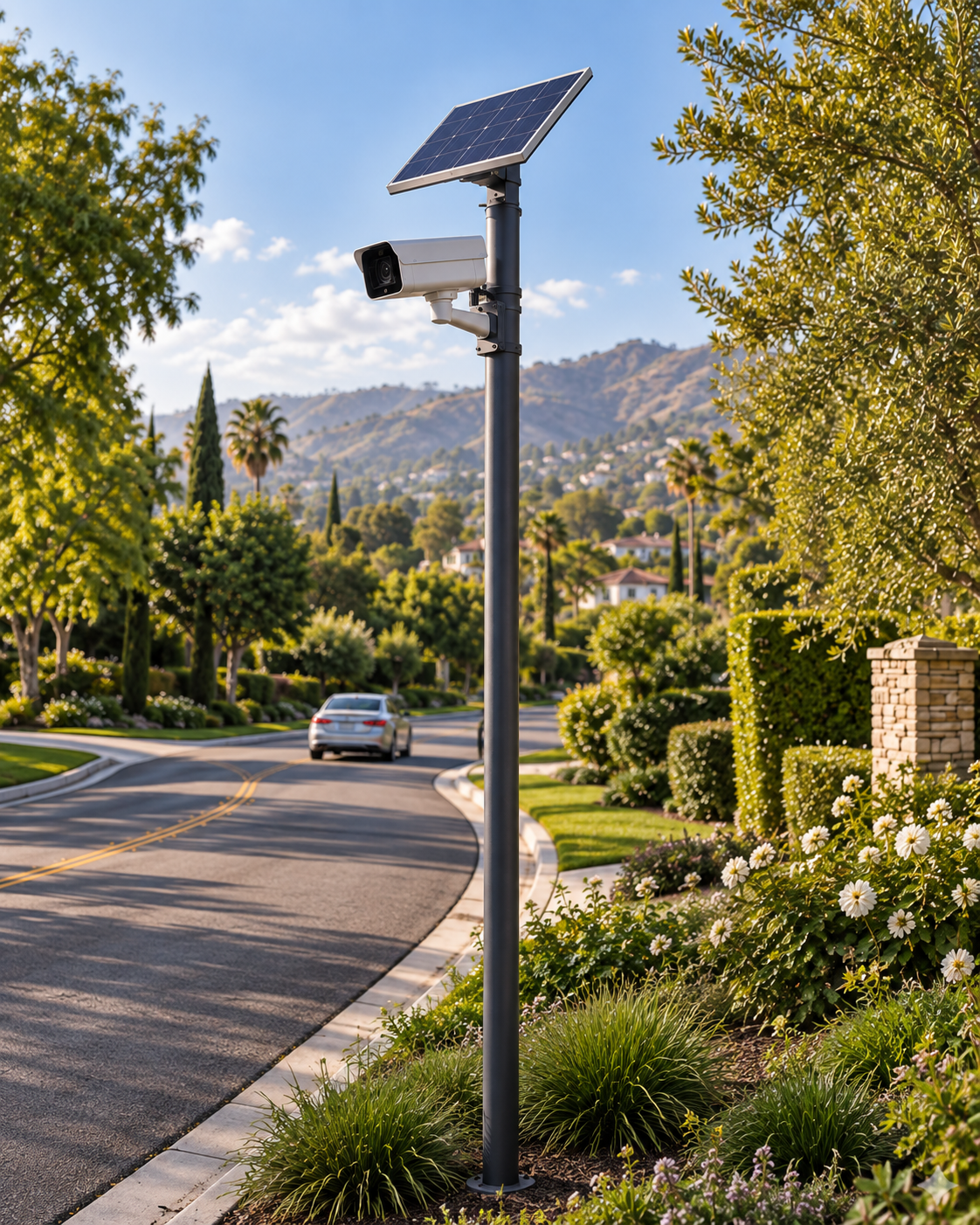 Concept of a solar-powered traffic camera beside a landscaped community road